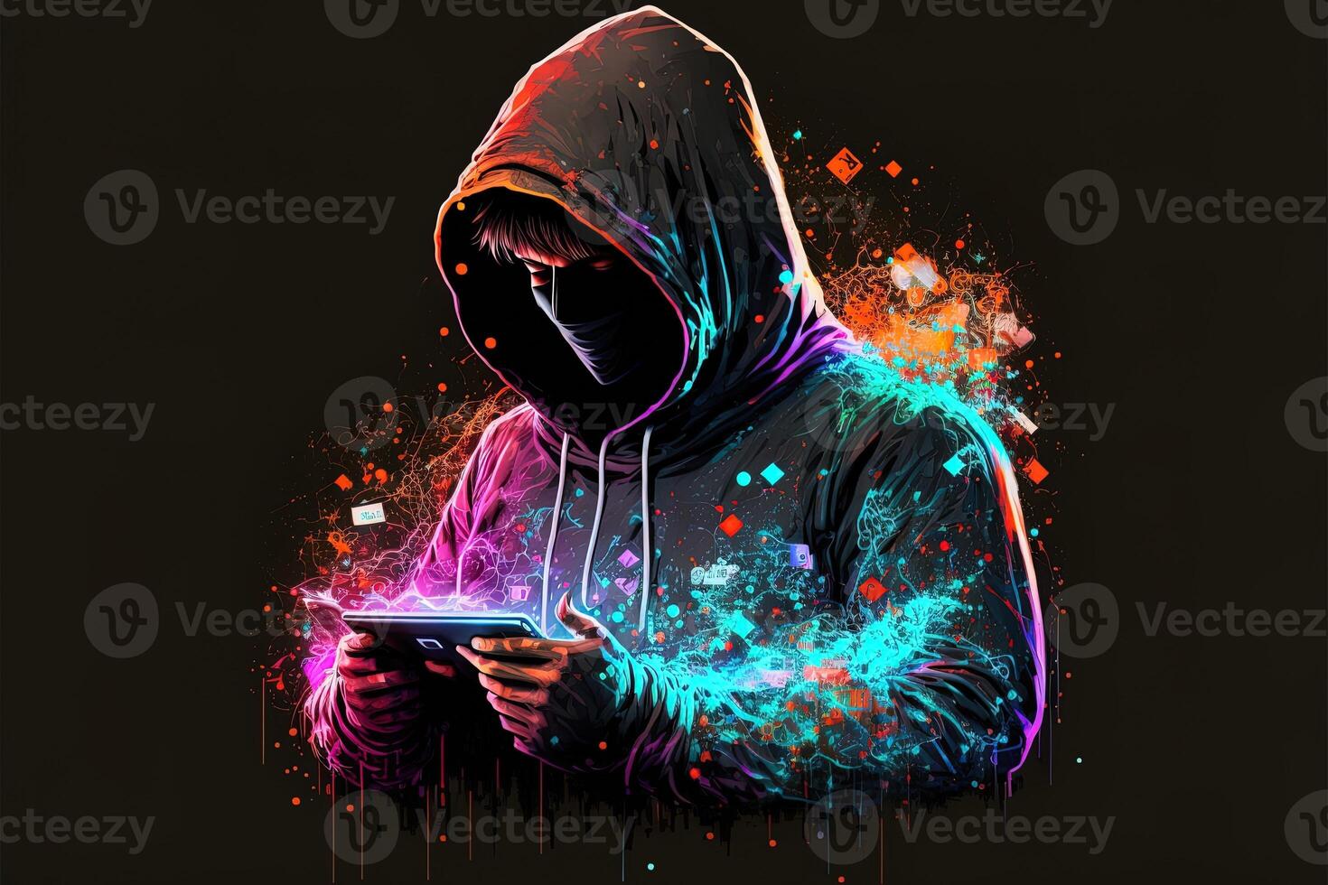 generativ ai doppelt Exposition ein einsam Zahl im ein Kapuzenpullover und Leistung Boxen, Universen kollidieren mit Neon, Cyberpunk, Holographie, kosmisch Hintergrund. anonym Mann im ein schwarz Kapuzenpullover hacken Computer Benutzerbild foto