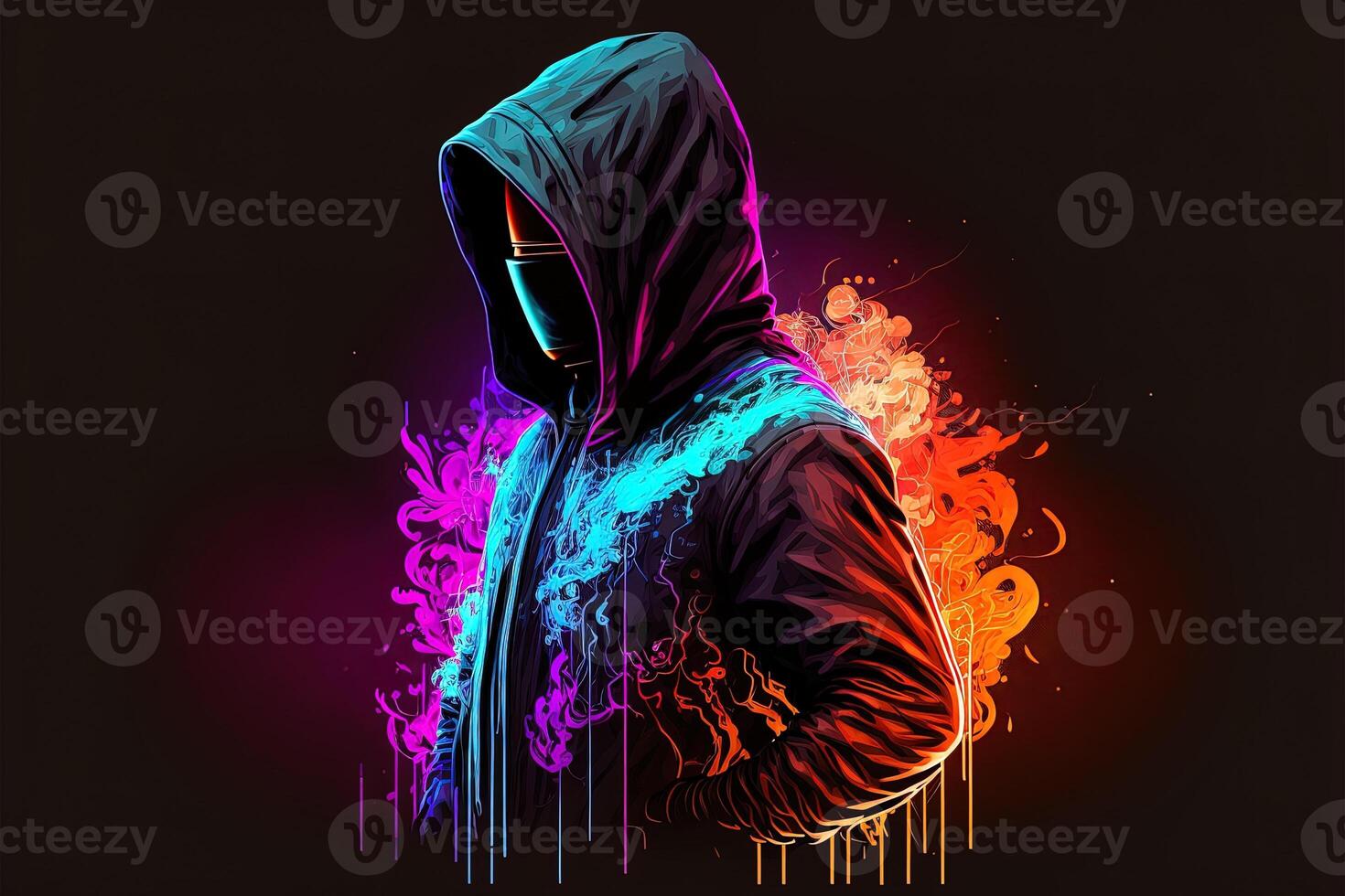 generativ ai doppelt Exposition ein einsam Zahl im ein Kapuzenpullover und Leistung Boxen, Universen kollidieren mit Neon, Cyberpunk, Holographie, kosmisch Hintergrund. anonym Mann im ein schwarz Kapuzenpullover hacken Computer Benutzerbild foto