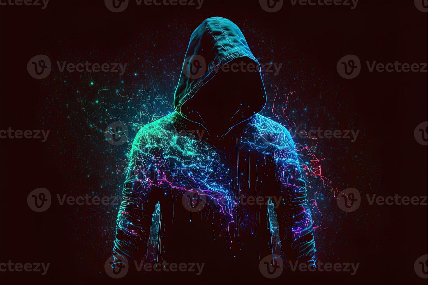 generativ ai doppelt Exposition ein einsam Zahl im ein Kapuzenpullover und Leistung Boxen, Universen kollidieren mit Neon, Cyberpunk, Holographie, kosmisch Hintergrund. anonym Mann im ein schwarz Kapuzenpullover hacken Computer Benutzerbild foto