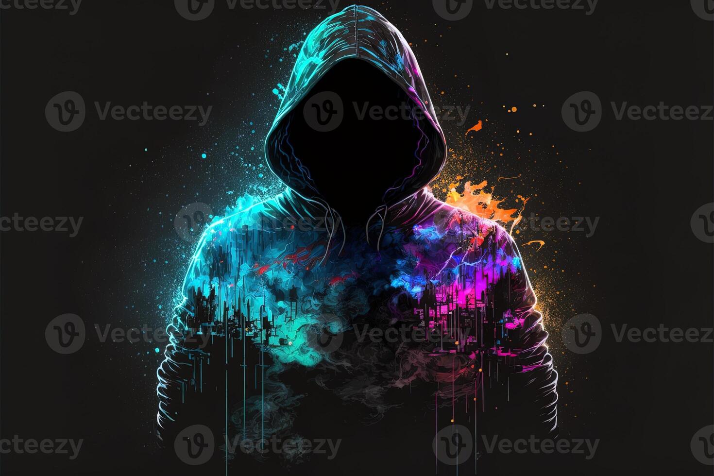 generativ ai doppelt Exposition ein einsam Zahl im ein Kapuzenpullover und Leistung Boxen, Universen kollidieren mit Neon, Cyberpunk, Holographie, kosmisch Hintergrund. anonym Mann im ein schwarz Kapuzenpullover hacken Computer Benutzerbild foto