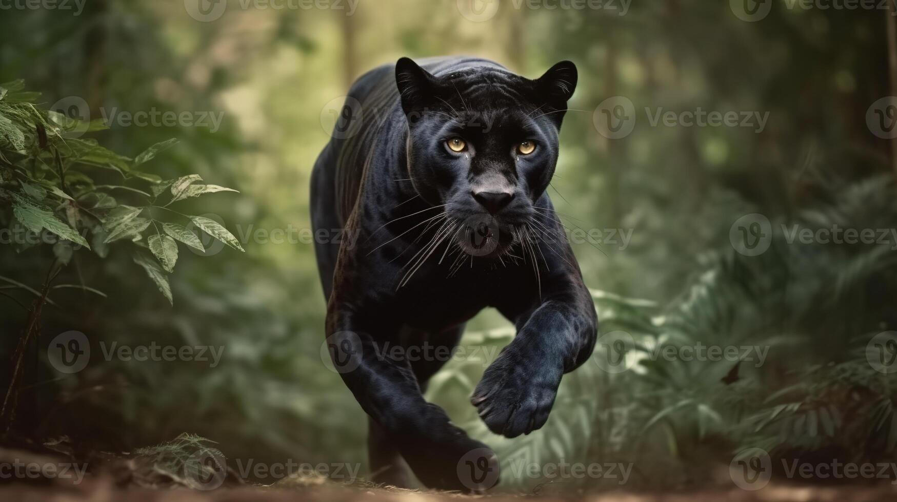 anmutig Sprung, schwarz Panther im das Dschungel. generativ ai foto