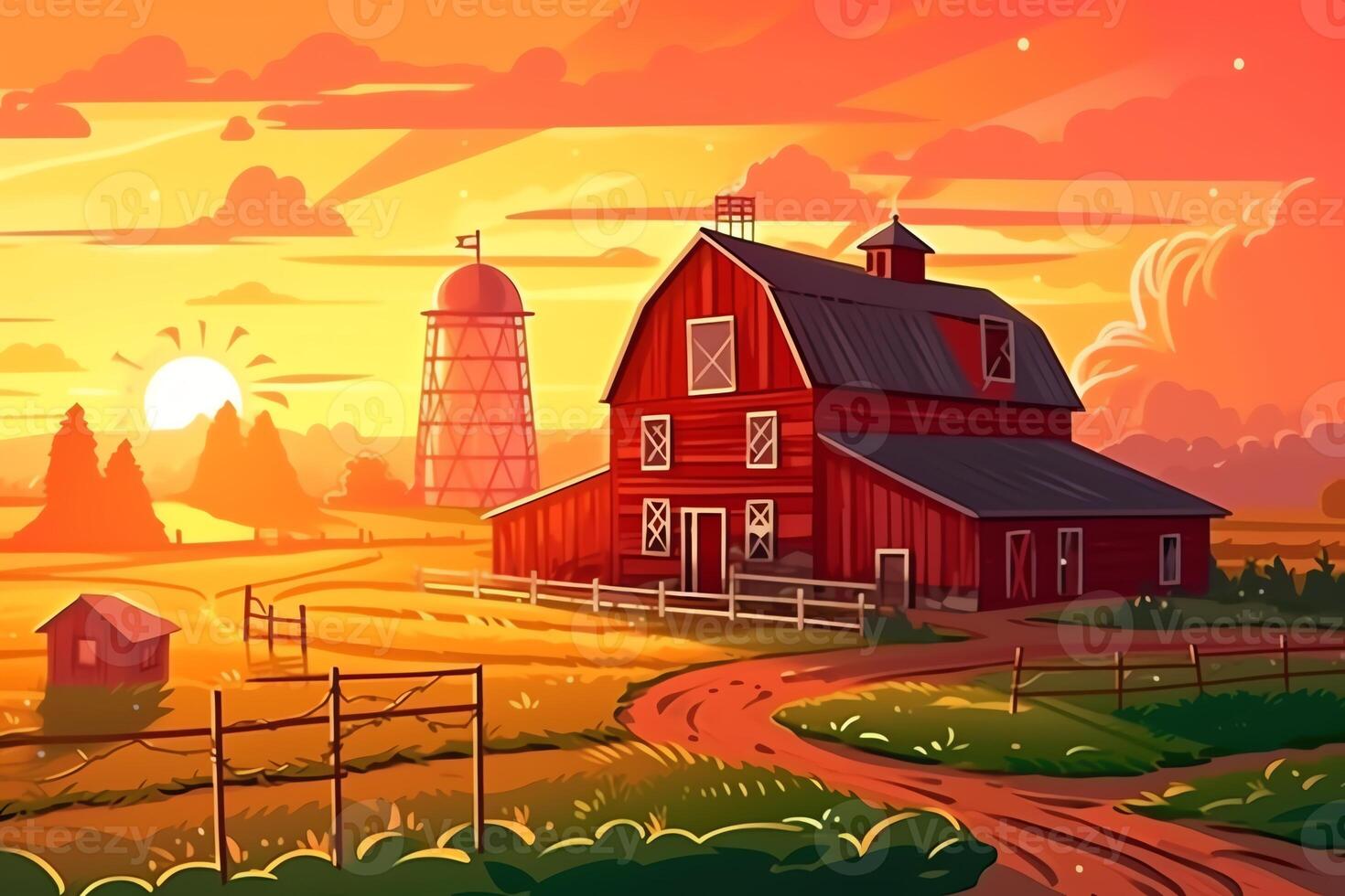 rot Halle beim das Bauern Feld zu das Mühle auf landwirtschaftlich Land natürlich Landschaft mit Grün Feld und Posevochnym das Sonnenuntergang mit ein rot Halle Bauernhof Karikatur Illustration. ai generiert foto