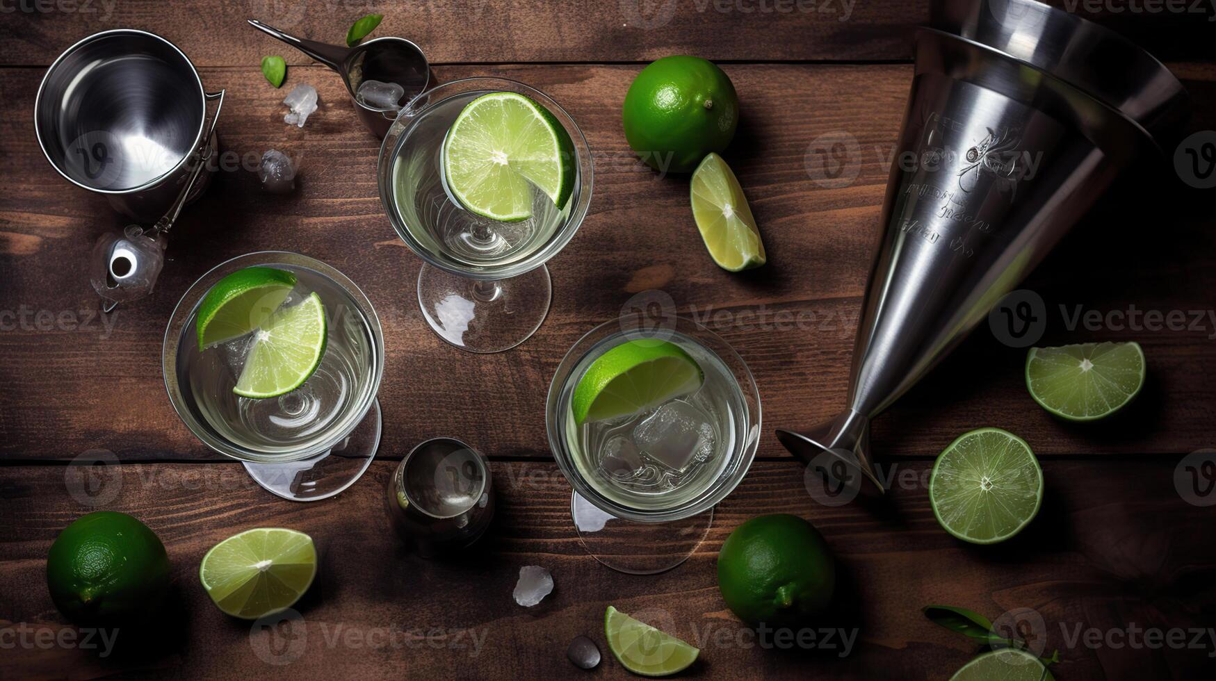 Handbohrer Kamikaze Cocktail im Martini Brille mit Limette Scheibe und Eis auf hölzern Hintergrund mit frisch Zitronen und Sieb mit Shaker, Genartiv ai foto