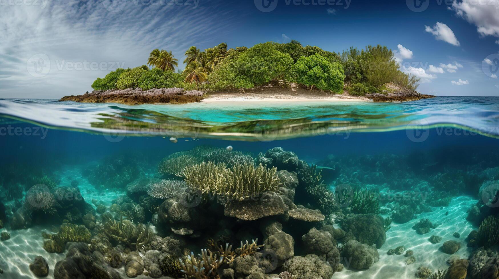 tropisch Insel und Koralle Riff - - Teilt Aussicht mit Wasserlinie, generativ ai foto