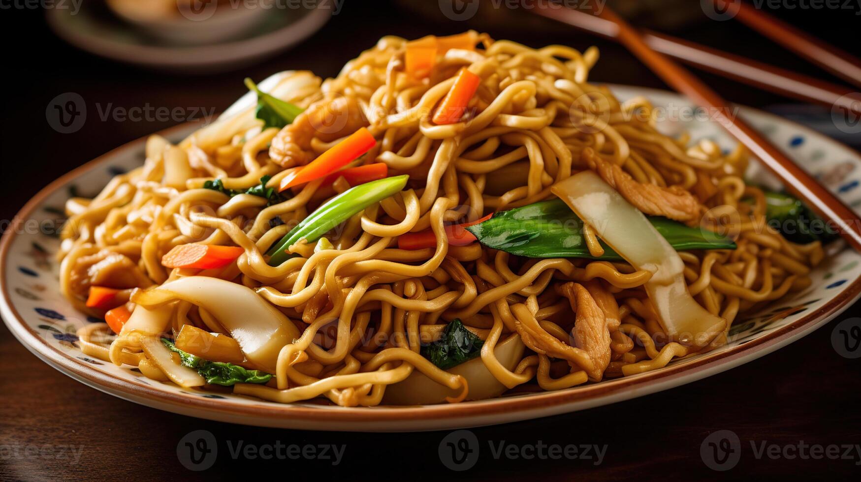 Chow mein, gebraten Nudeln mit Hähnchen und Gemüse, generativ ai foto