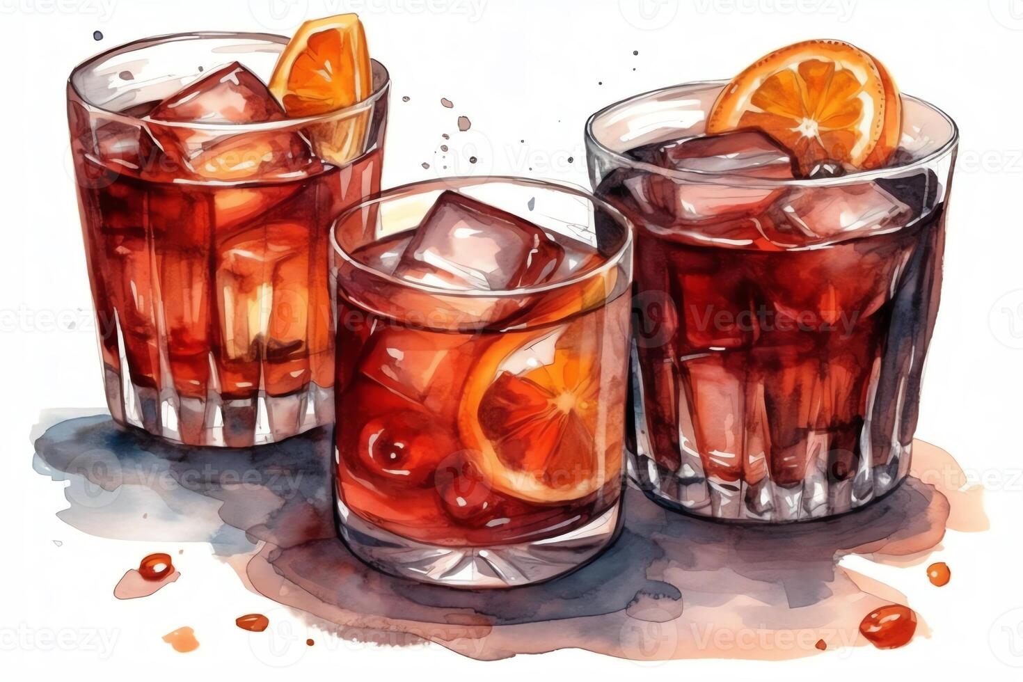 Hand gezeichnet Aquarell Cocktails Americano Negroni alt gestaltet. ai generiert foto