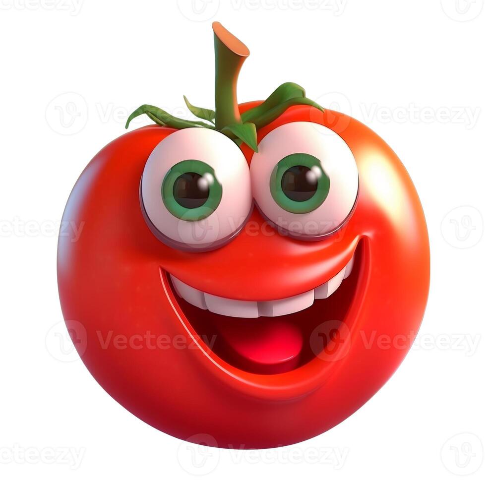 generativ ai Inhalt, Karikatur Obst Charakter, glücklich Tomate, mit Gesicht und Augen isoliert auf Weiß Hintergrund. Obst Serie. foto