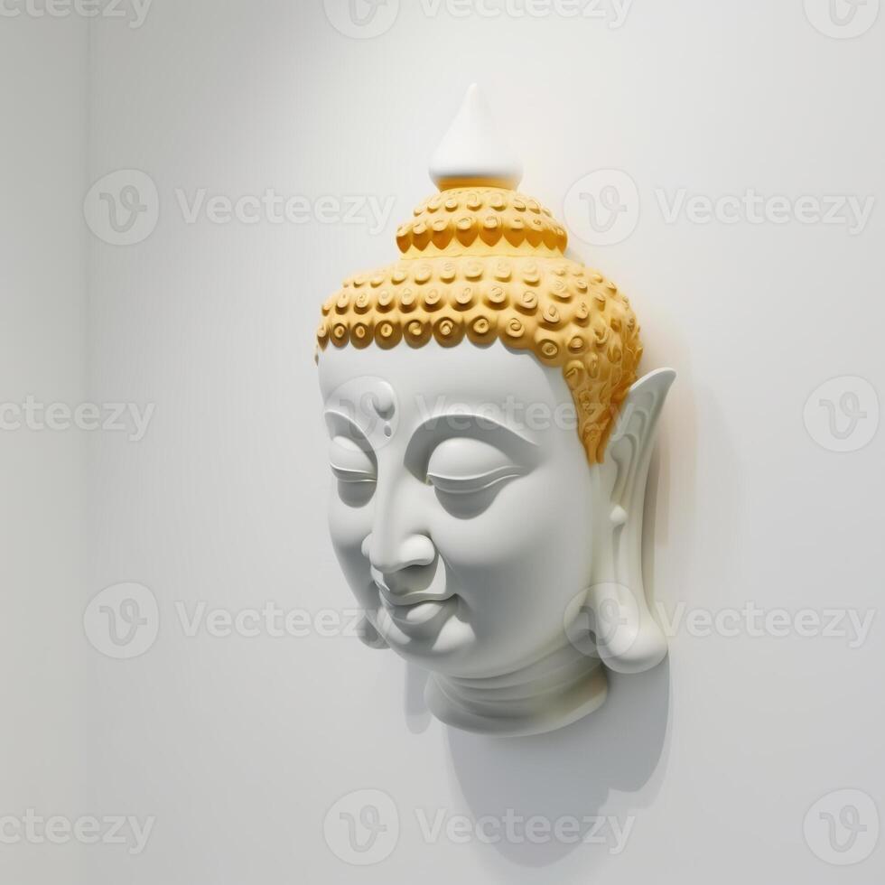 ein Weiß Mauer Skulptur von ein Gesicht mit Gautama Buddha Kopf wie Wandgemälde zum Zuhause Dekor usw. ai generiert. foto