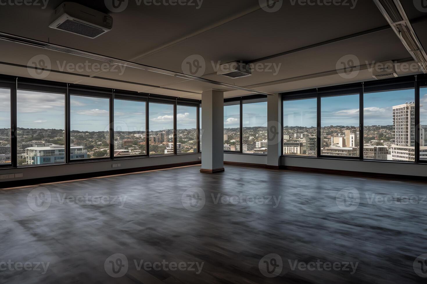 groß leeren Zimmer mit Blick auf ein Stadt CBD. ai generiert foto