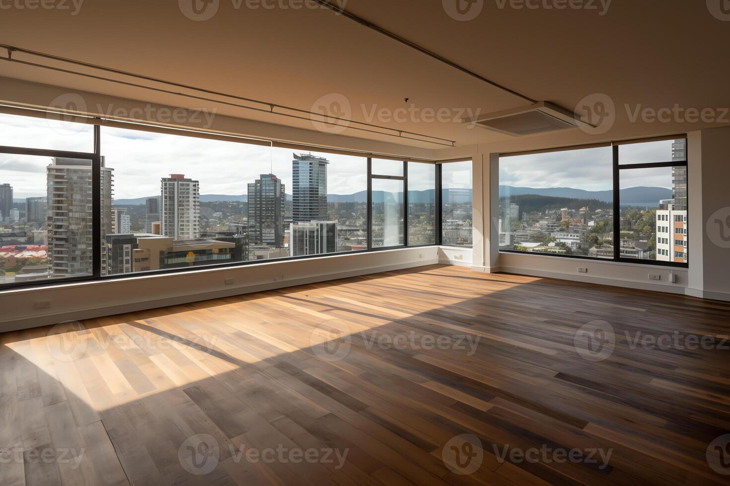 groß leeren Zimmer mit Blick auf ein Stadt CBD. ai generiert foto