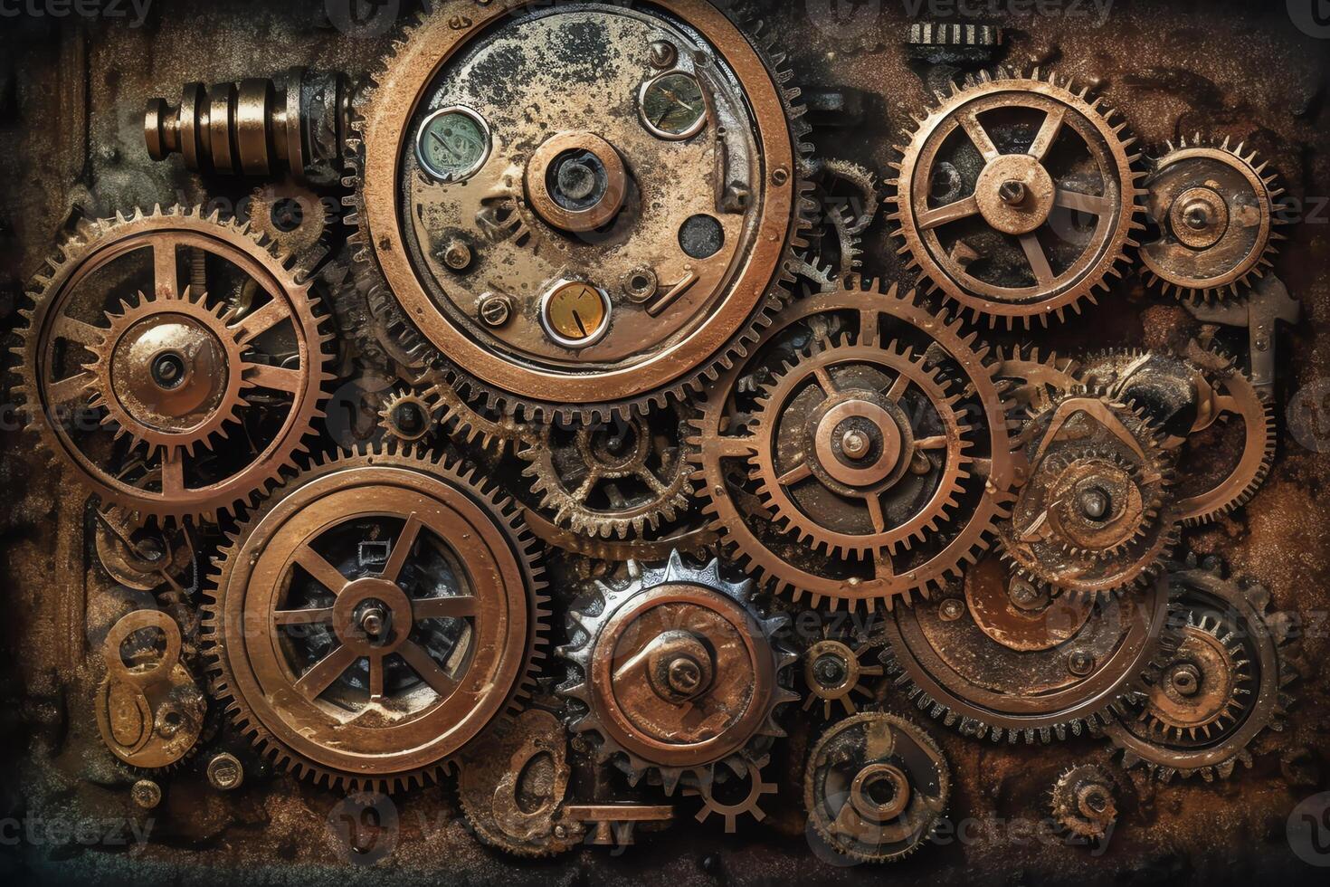 Steampunk-inspiriert Ausrüstung Räder eingebettet im ein Uhrwerk Mechanismus einstellen gegen ein Antiquität texturiert Hintergrund. ai generiert foto