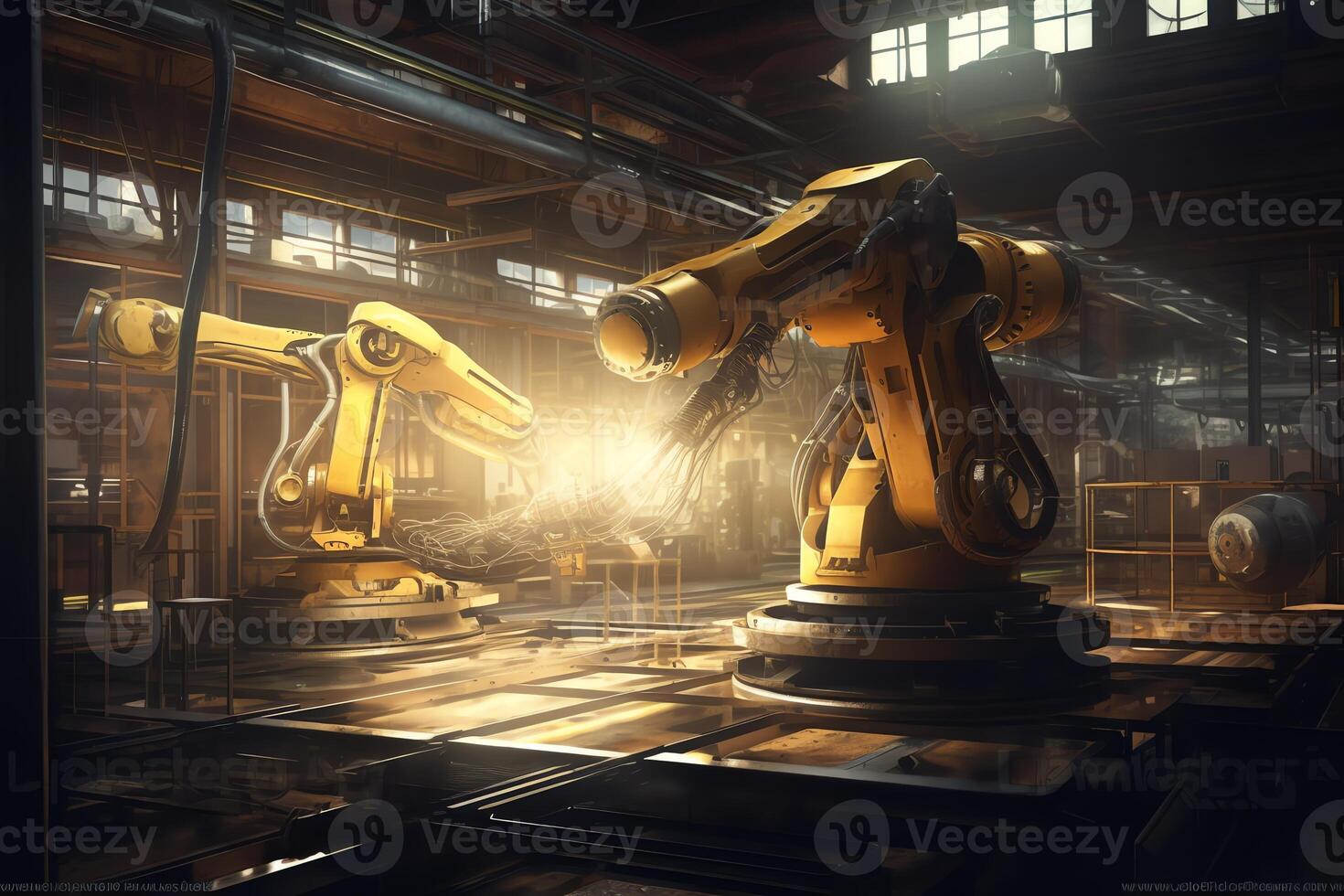 Technologie Idee Digital Kunst Illustration von ein industriell Maschine Roboter Arm beim ein Fabrik. ai generiert foto