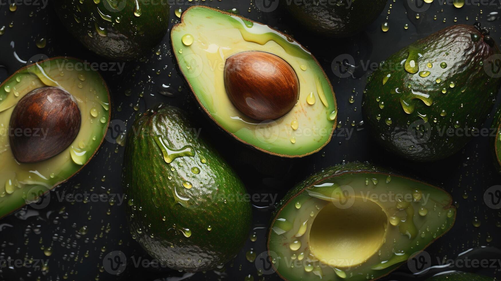 generativ ai, Makro frisch saftig Hälfte und ganze von Grün Avocado Obst Hintergrund wie Muster. Nahansicht Foto mit Tropfen von Wasser