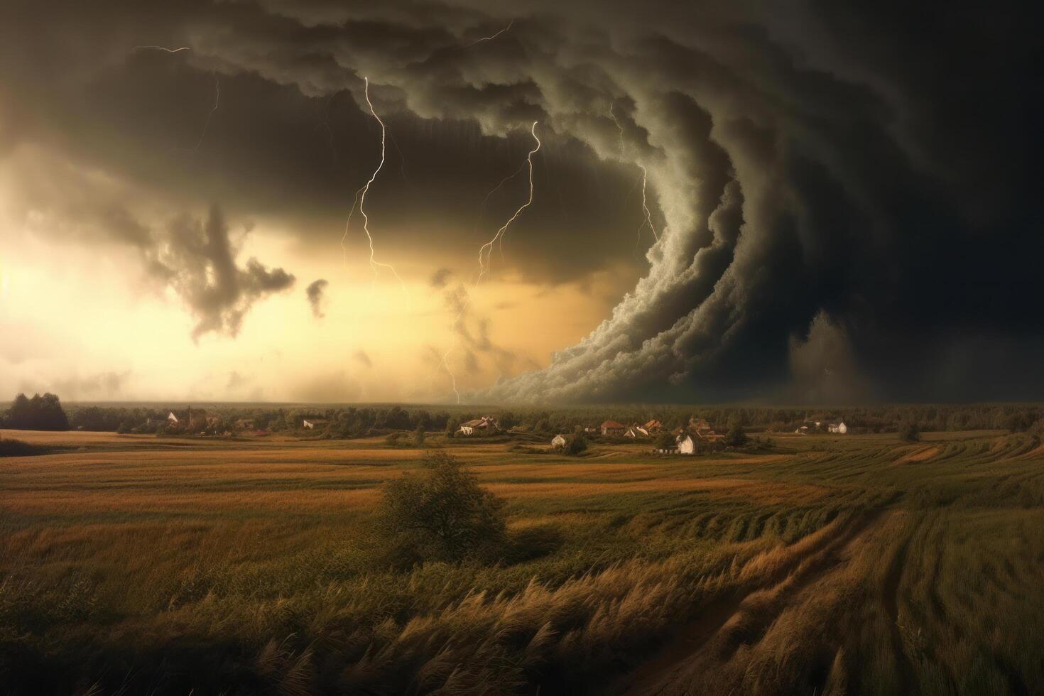 Tornado tobt durch ein Feld. Illustration ai generativ foto