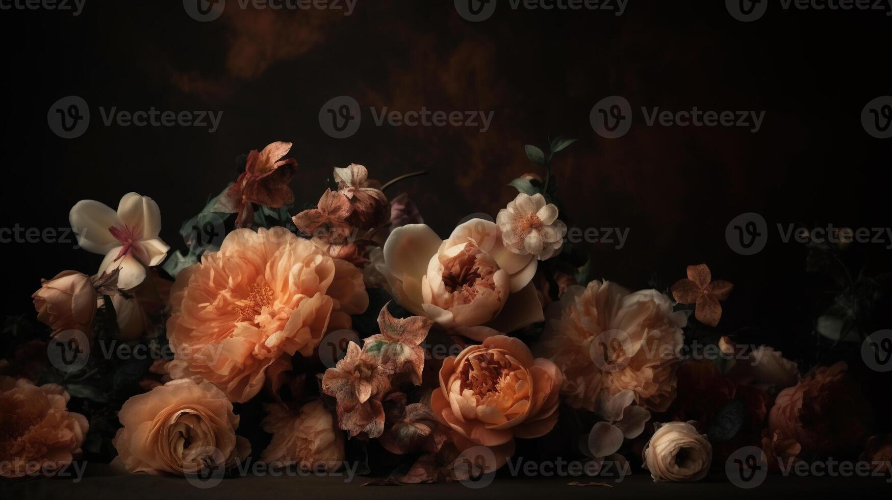 generativ ai, schließen oben von Blühen Blumenbeete von tolle Aprikose Orange Farbe Blumen auf dunkel launisch Blumen- texturiert Hintergrund. fotorealistisch Wirkung.. foto