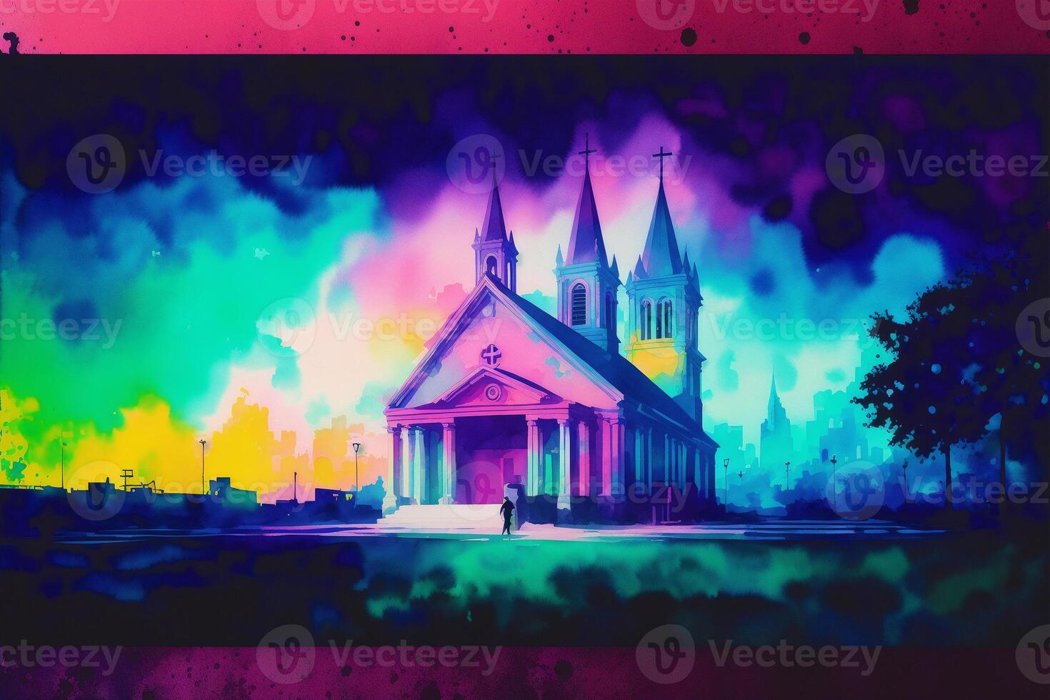 Kirche Silhouette auf ein bunt Hintergrund. abstrakt bunt Hintergrund. Aquarell malen. Digital Kunst, generativ ai foto