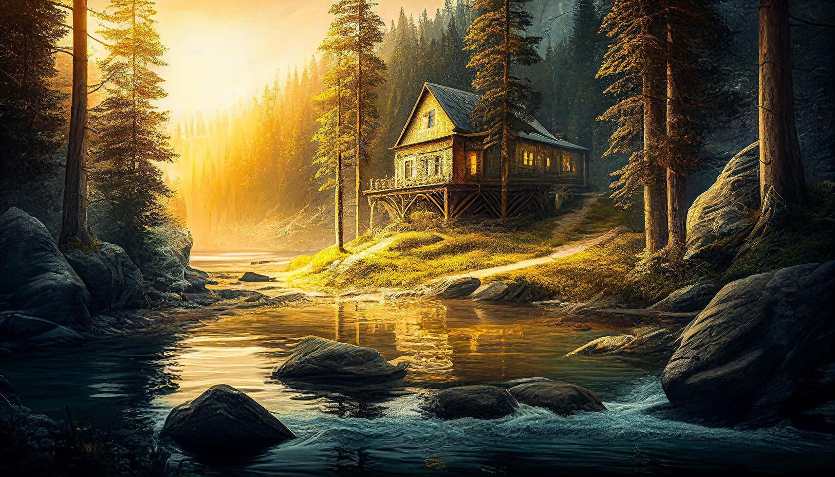 das Haus ist im ein Wald mit ein Fluss fließend durch und Sonnenlicht leuchtenden erstellt mit generativ ai Technologie. foto