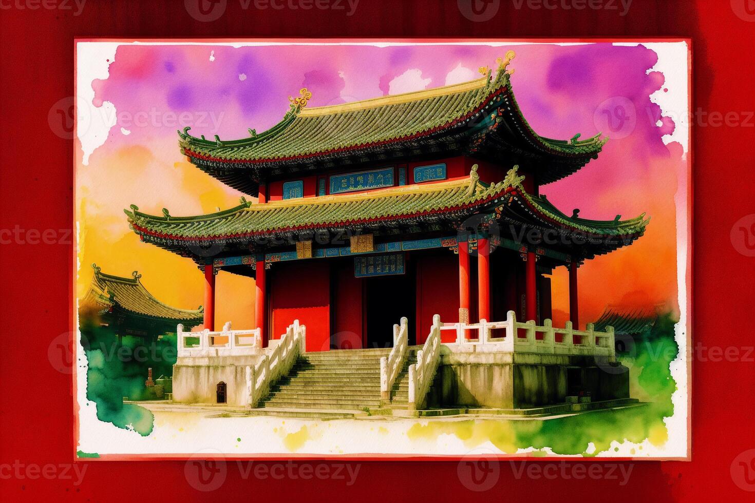 Chinesisch uralt Tempel. Digital Malerei..Aquarell malen. Digital Kunst, generativ ai foto