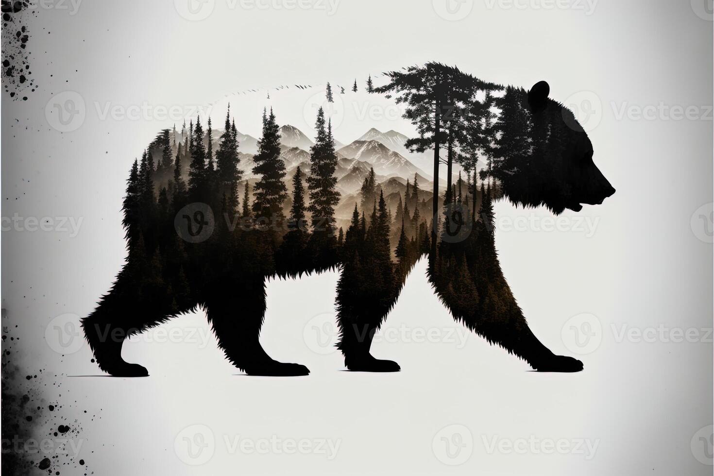 doppelt Exposition generativ ai von ein Bär und Urwald auf Weiß Hintergrund. Camping Konzept. Jahrgang Grizzly zum T-Shirt Design, Aufkleber, Poster, und Hintergrund. Abenteuer Bär Illustration foto