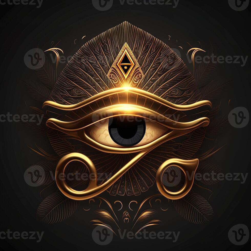 generativ ai das golden Auge von Horus mit golden bewirken auf schwarz Hintergrund, Darstellung von das Solar- Auge oder das Auge von Ra, Symbol von das uralt ägyptisch Gott von das Sonne foto