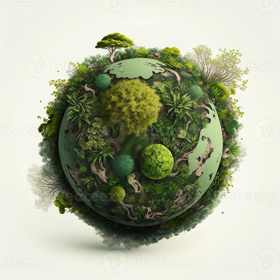 generativ ai ein Grün Mini Planet Erde, Illustration von Planet Erde mit ein Riese Baum. Energie sparen, Ökologie und Umgebung nachhaltig Ressourcen Erhaltung Konzept. foto