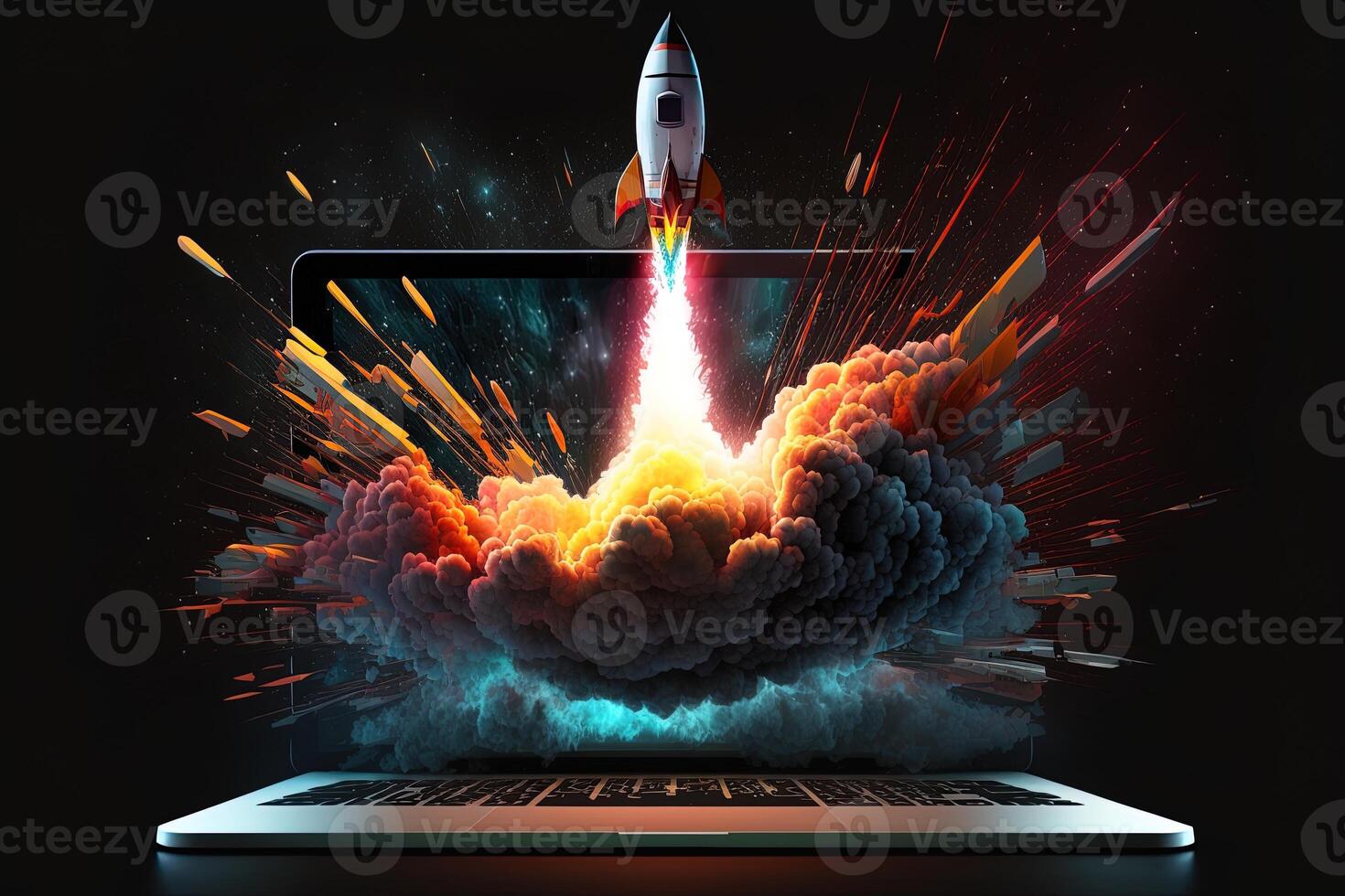 Rakete Kommen aus von Laptop Bildschirm, schwarz Hintergrund. ai Digital Illustration Konzept von Ideen und Start hoch. generativ ai foto