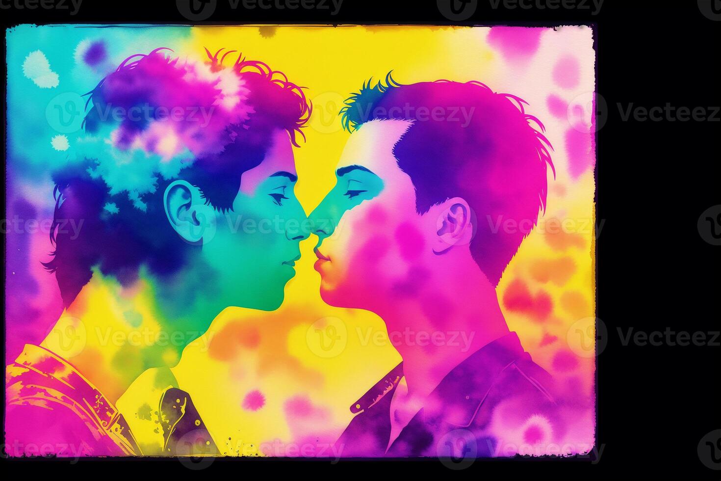 Stolz Monat. ein Illustration von zwei Männer küssen. Fröhlich Paar Ausgaben Zeit zusammen. lgbtq. generativ ai foto