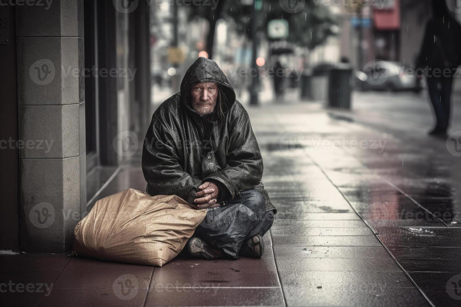 obdachlos Mann Porträt. alt bärtig Mann. generativ ai foto