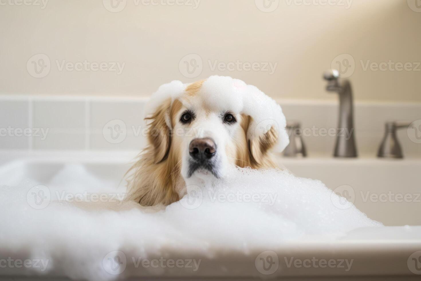 Waschen Haustier. süß Hund im Bad mit Shampoo Schaum. generativ ai foto