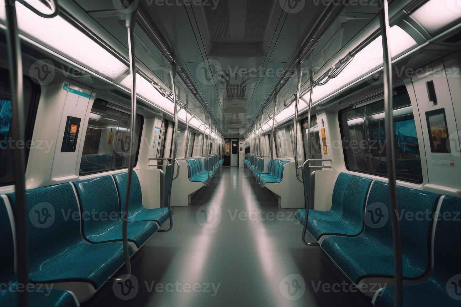 Innere von leeren U-Bahn Zug Wagen. Öffentlichkeit Transport. generativ ai foto