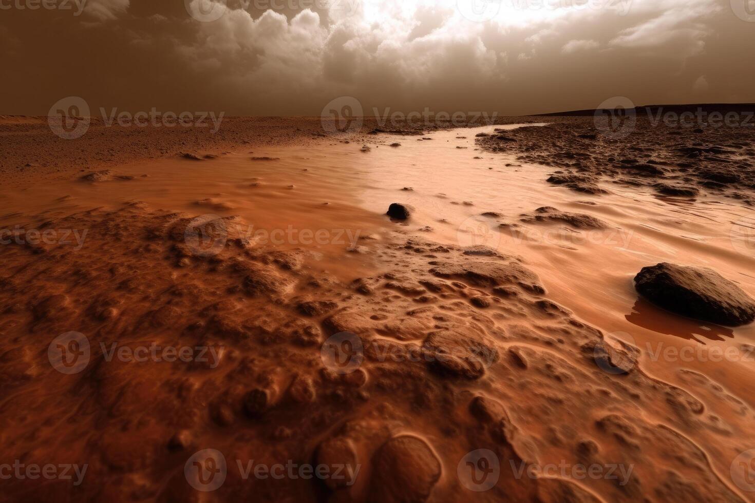 rot Planet Landschaft mit Wasser im Boden. Mars Kolonisation. generativ ai foto