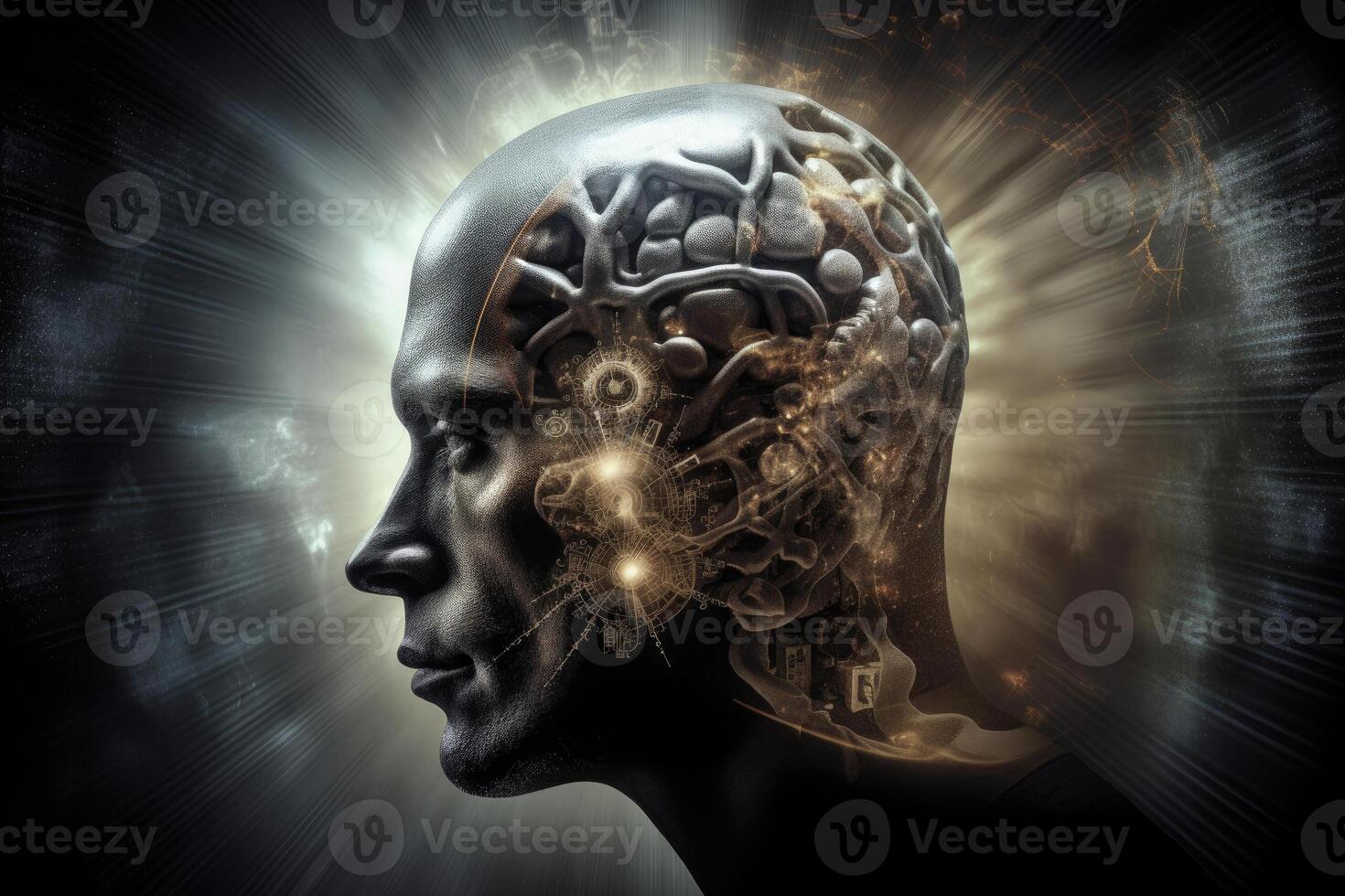 Silhouette von Mann Kopf mit Ausrüstung Mechanismus im Gehirn. generativ ai foto