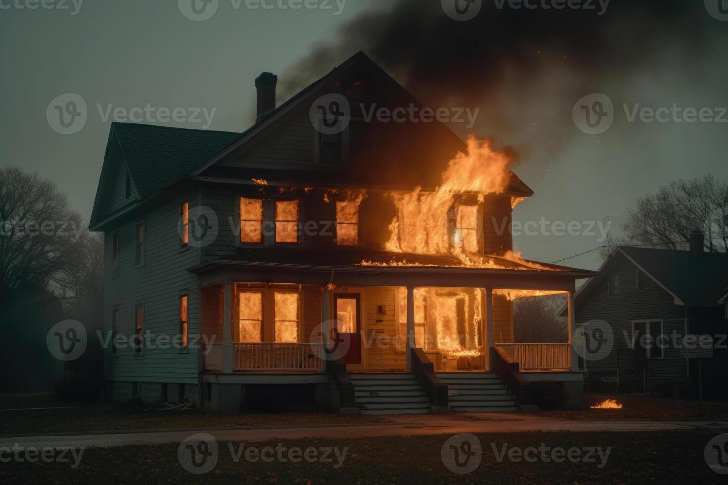 Verbrennung Haus im Vorort. Wohn Haus im Feuer. generativ ai foto