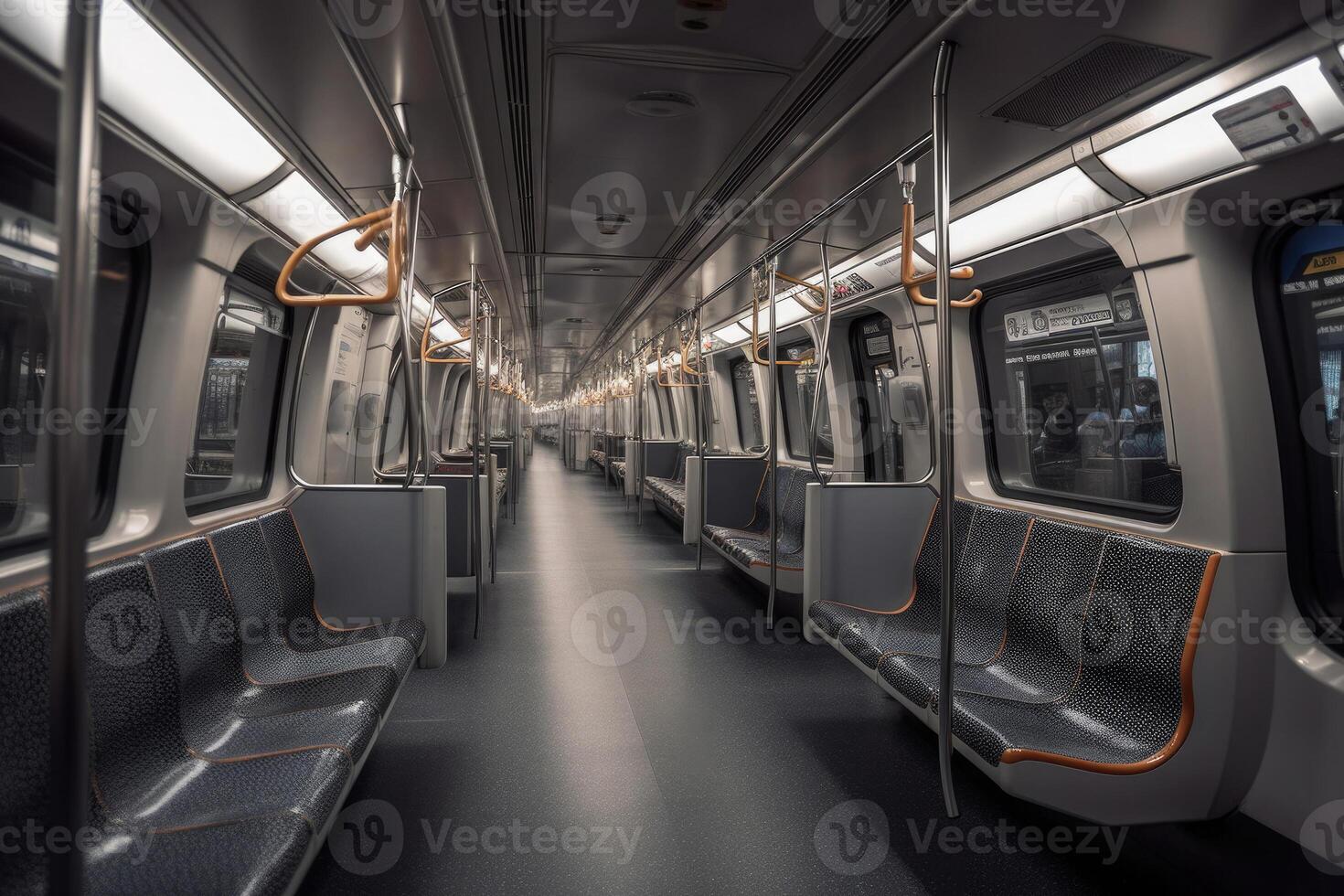 Innere von leeren U-Bahn Zug Wagen. Öffentlichkeit Transport. generativ ai foto