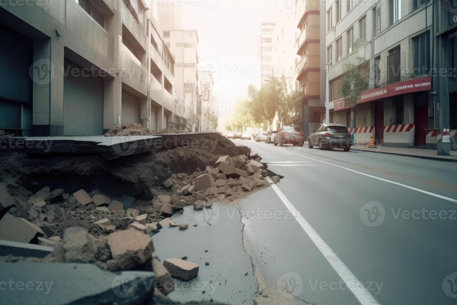 Stadt Straße mit zerstört Asphalt Straße nach Katastrophe. generativ ai foto