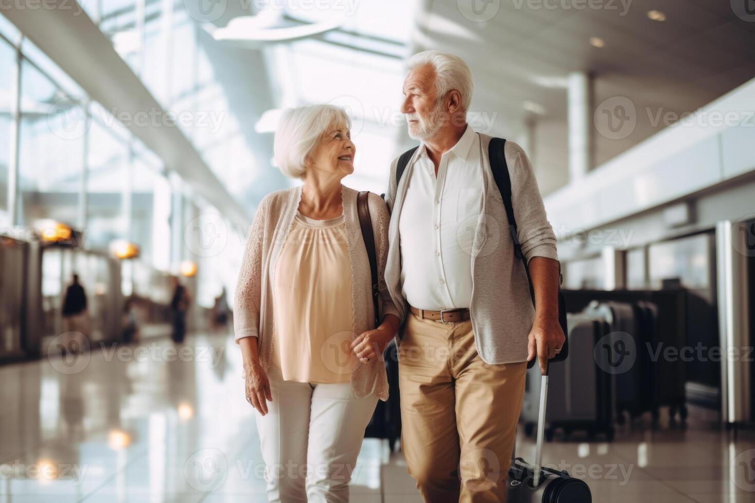 Senior Paar beim Flughafen Terminal. Reise Konzept. generativ ai foto