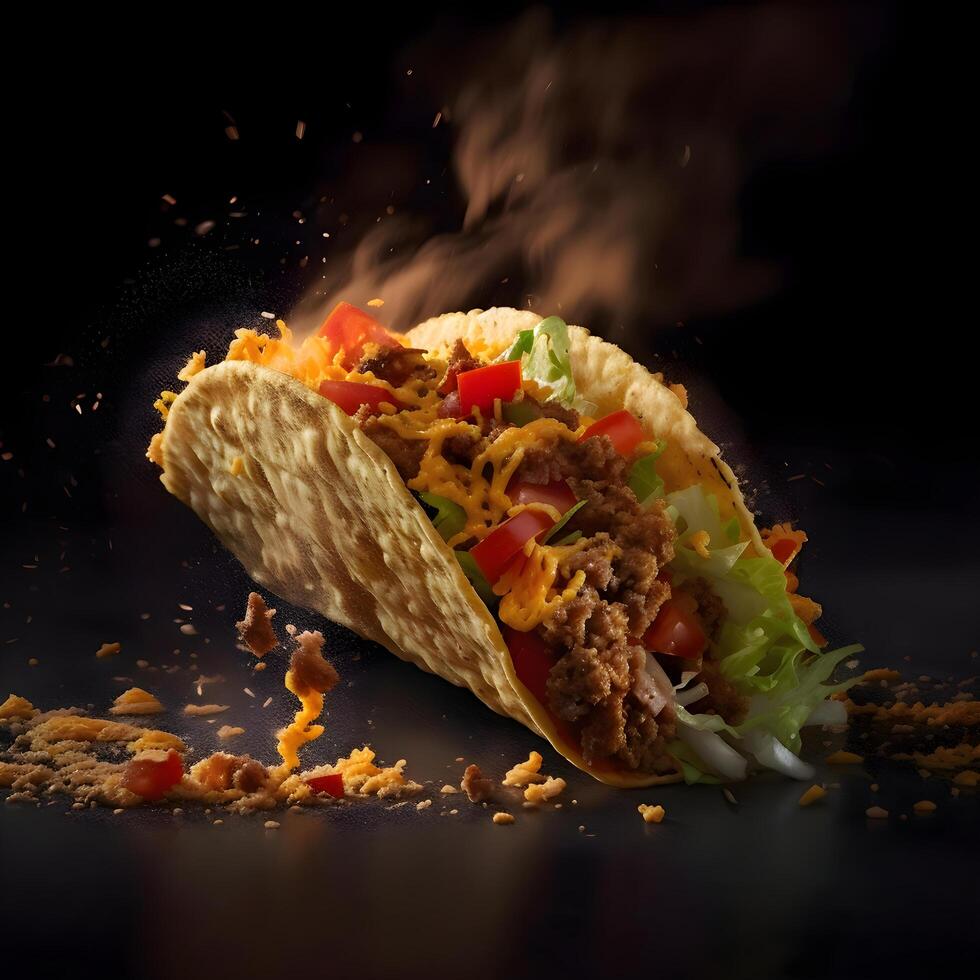 Tacos mit Fleisch und Gemüse auf ein schwarz Hintergrund, schließen hoch, ai generativ Bild foto