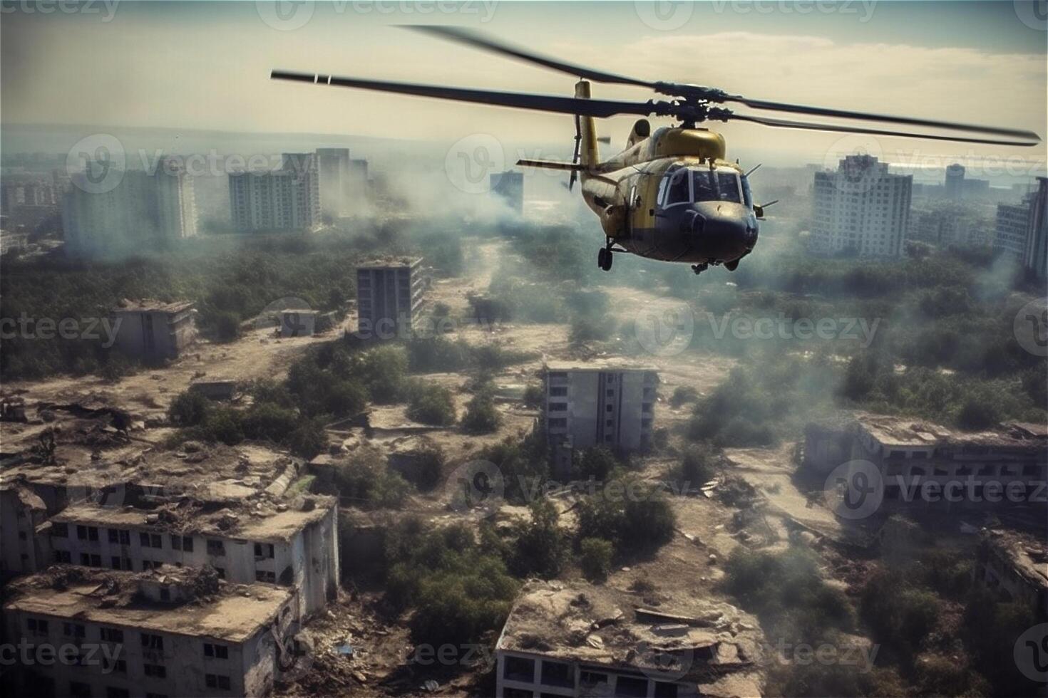 Stadt Krieg Schlachtfeld Hintergrund mit Hubschrauber auf Luft, zerstört Gebäude. generativ ai. foto