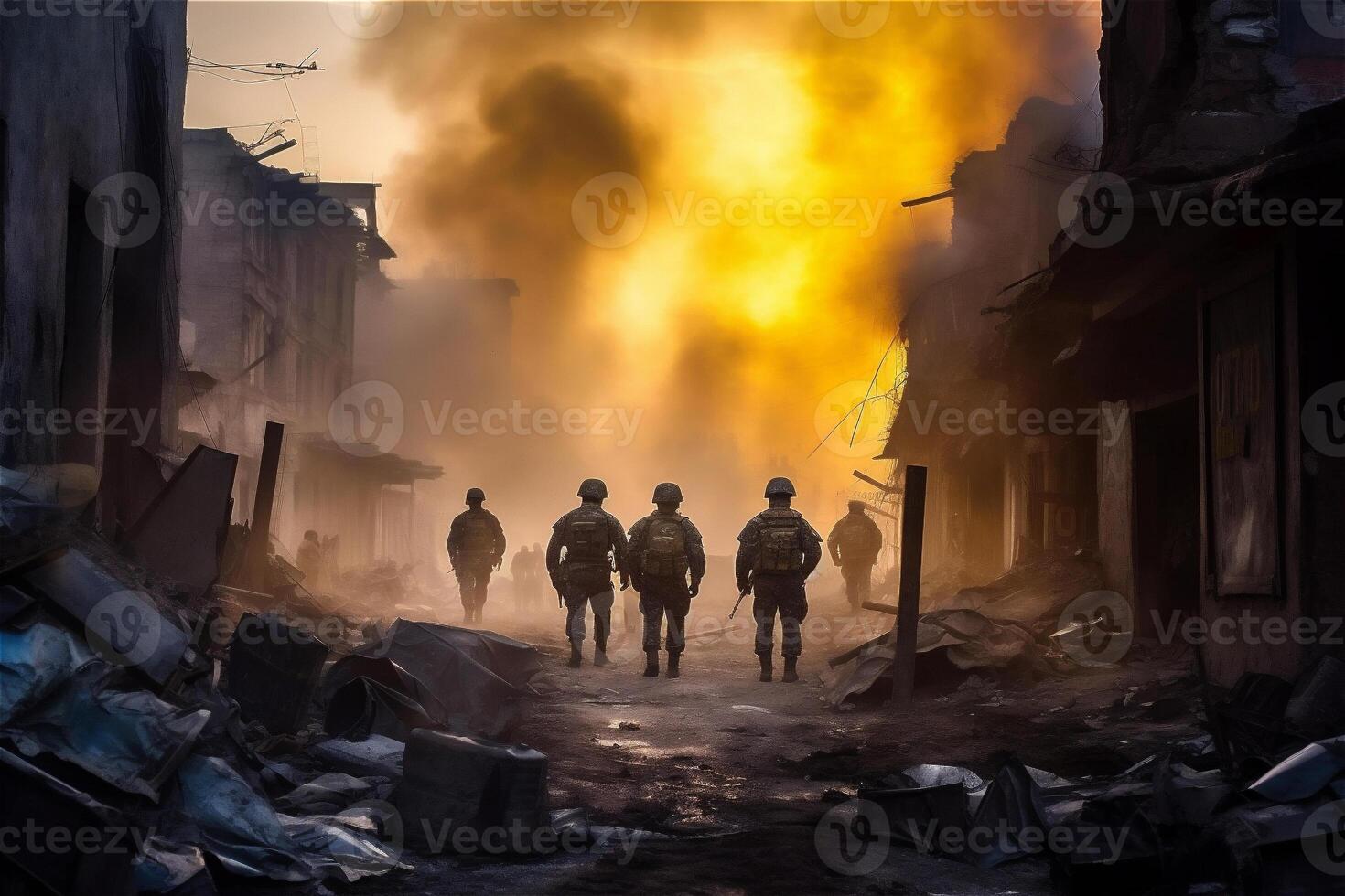 Militär- Männer. ein Gruppe von Soldaten auf ein Hintergrund Stadt auf Feuer. Krieg Operationen. generativ ai. foto