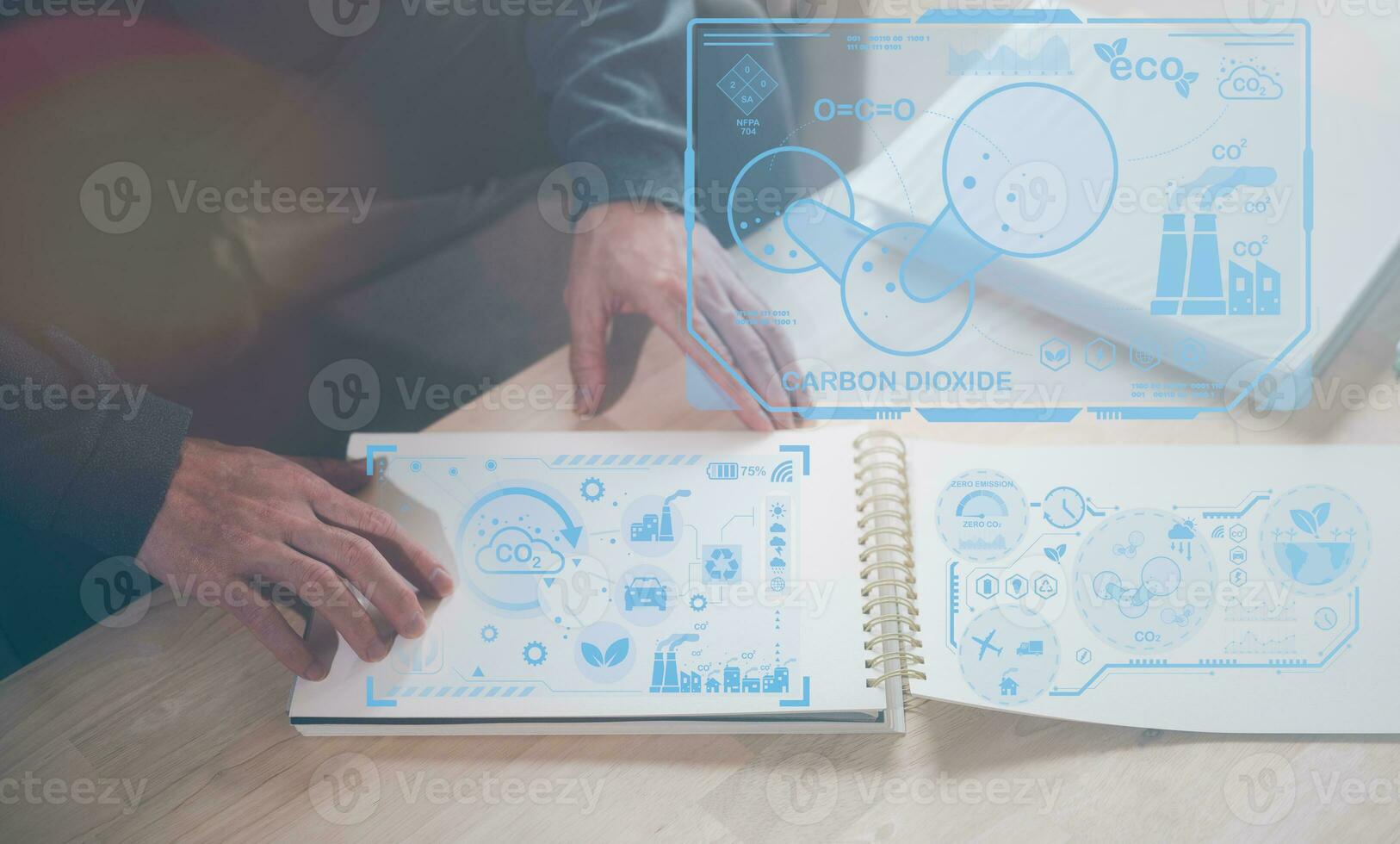 co2 Emission die Ermäßigung Konzept, Mann Arbeiten auf Weiß Papier mit Diagramm, Erde Tag, Geschäft planen und Strategie zum nachhaltig Energie Herstellung foto