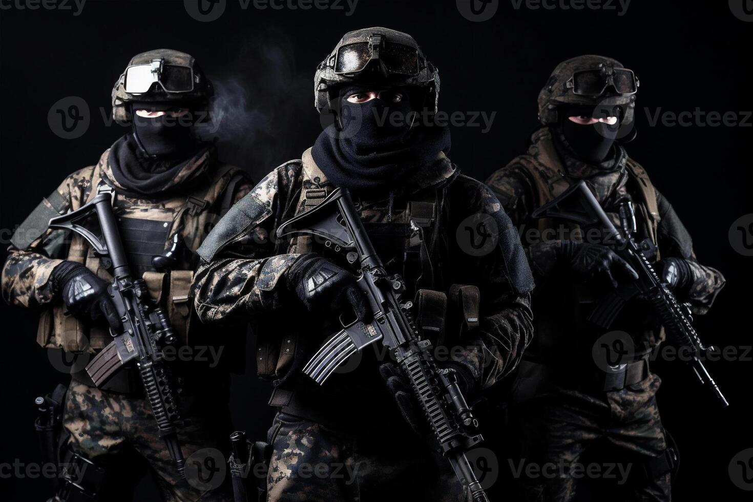 Porträt von drei Militär- Männer. ein Gruppe von Soldaten auf schwarz Hintergrund. Krieg Operationen, Besondere Kräfte. generativ ai. foto