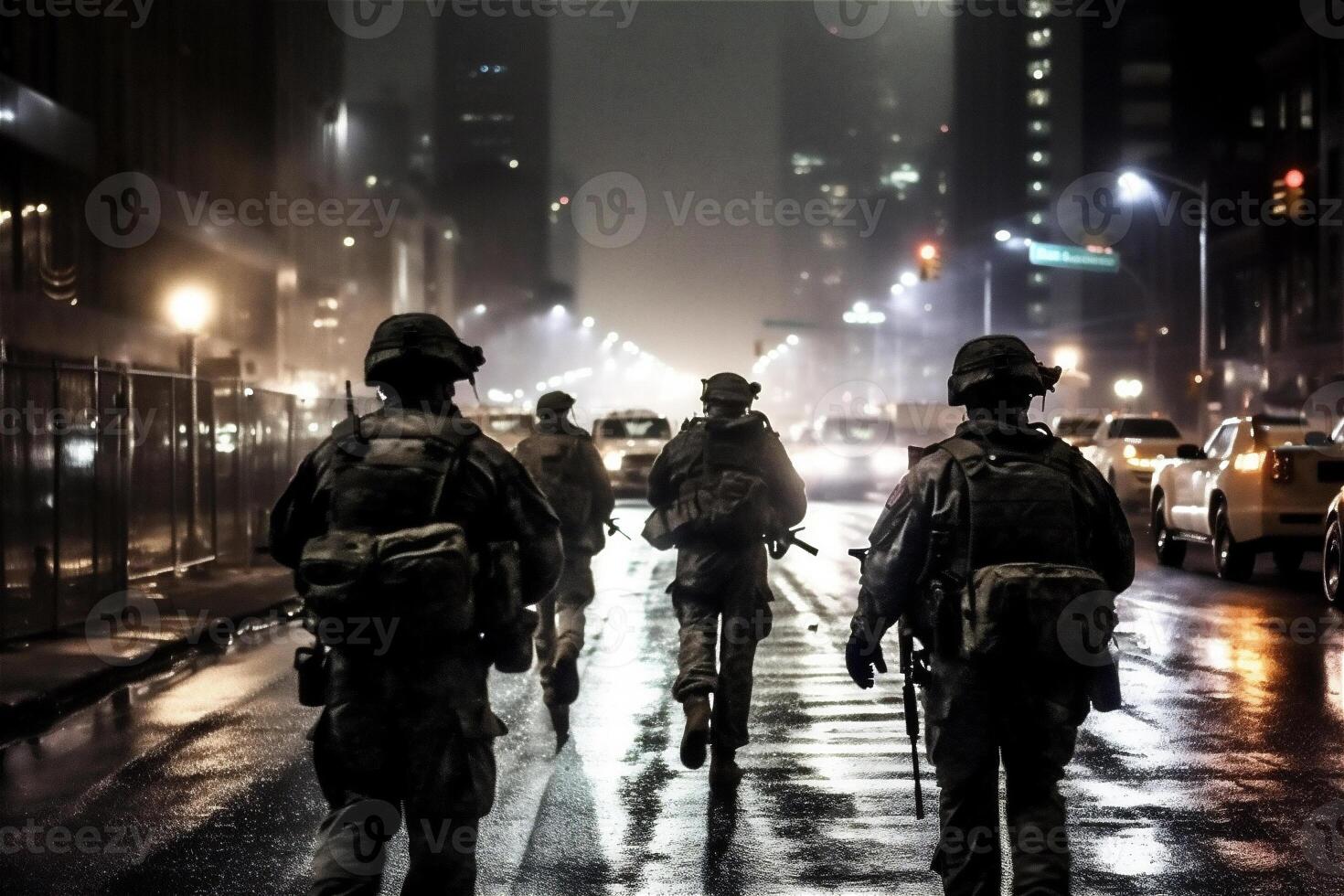 zurück von Gruppe Soldaten Lauf im Nacht groß Stadt. Besondere Kräfte Krieg Betrieb. generativ ai. foto