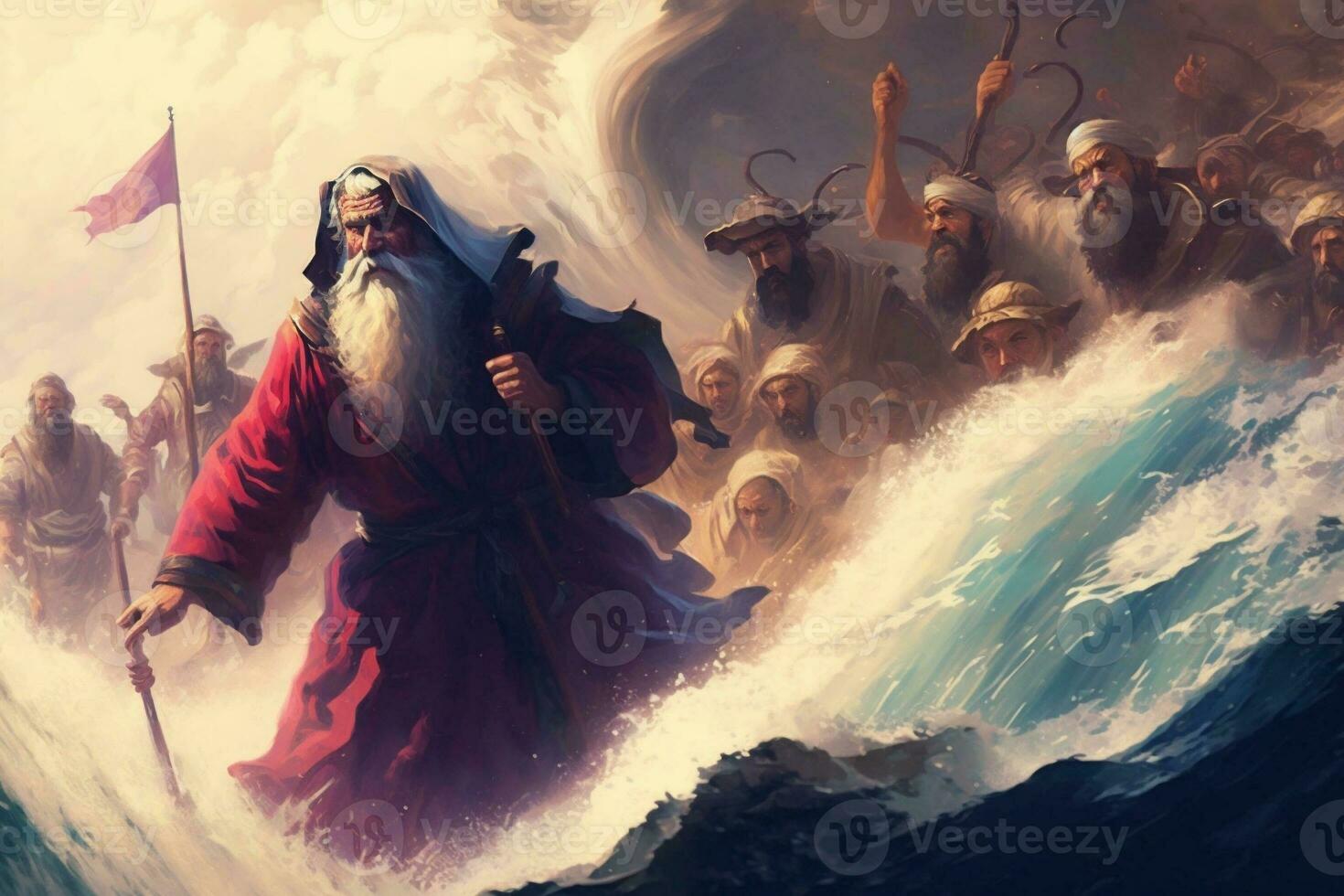 Illustration von das Exodus von das Bibel, Moses Kreuzung das rot Meer mit das Israeliten, Flucht von das ägypter. generieren ai foto