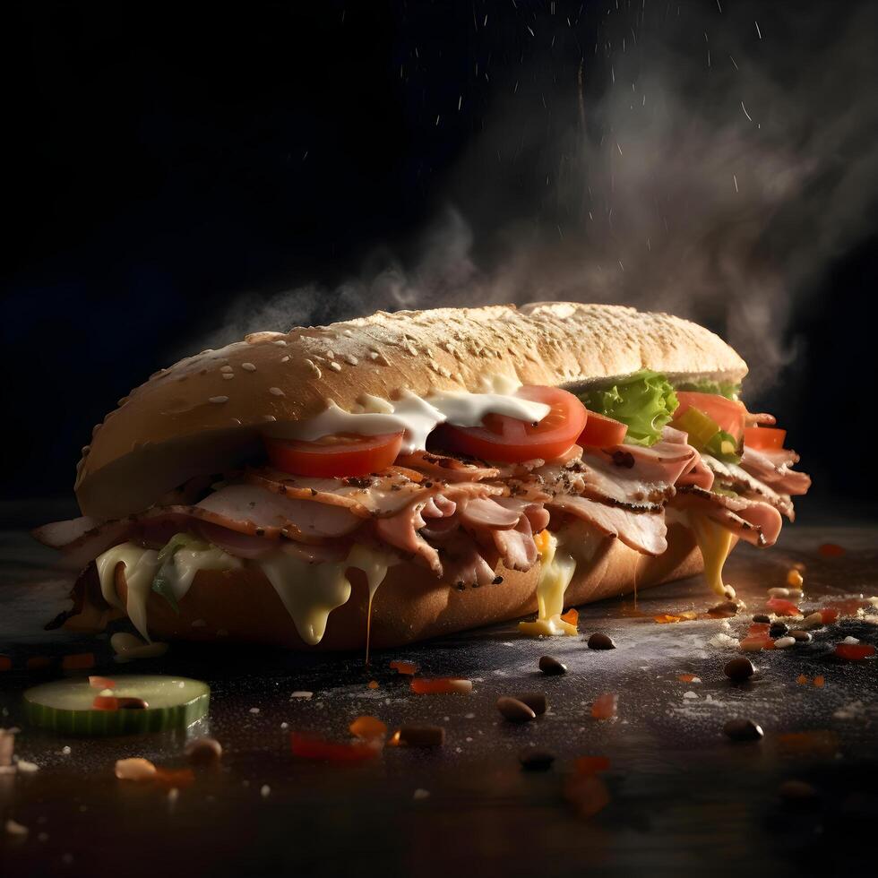 Sandwich mit Speck, Käse, Tomate und Grüner Salat auf ein schwarz Hintergrund, ai generativ Bild foto