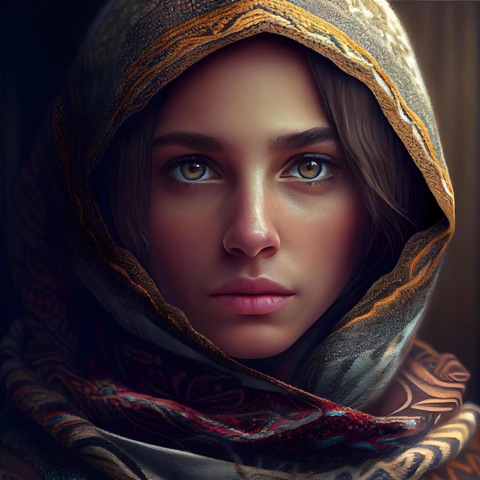 Porträt von ein schön Mädchen mit ein Schal auf ihr Kopf, ai generativ Bild foto