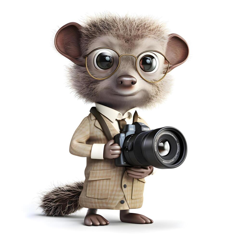 3d machen von ein süß wenig Tier mit Brille und ein Kamera, ai generativ Bild foto
