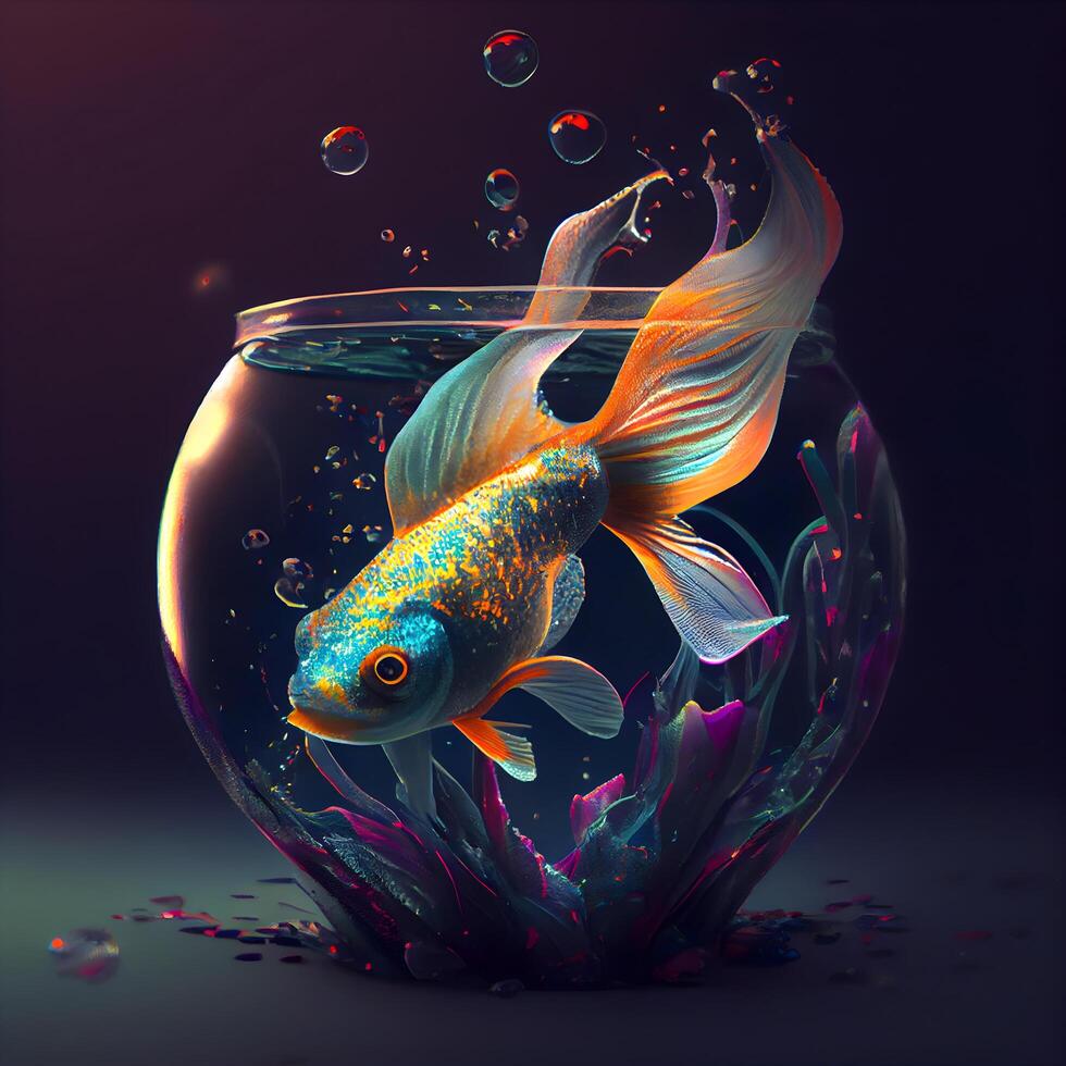 Goldfisch im ein runden Glas Aquarium. 3d machen Illustration., ai generativ Bild foto
