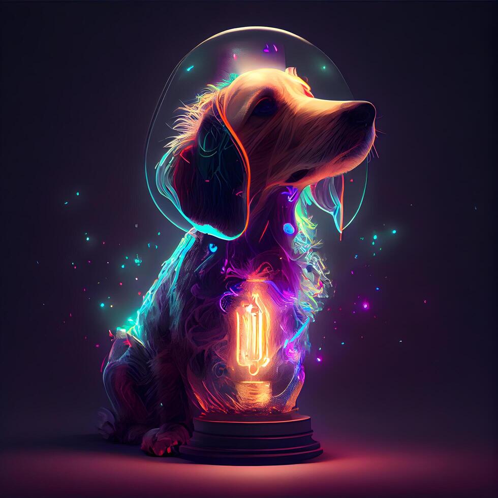 Dackel Hund mit Neon- Licht Birne. Illustration., ai generativ Bild foto