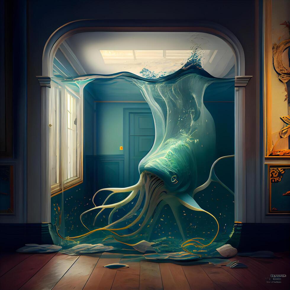 3d Rendern von ein unter Wasser Monster- im ein Zimmer mit Blau Wände, ai generativ Bild foto