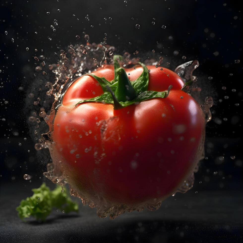 frisch rot Tomate fallen in Wasser mit Spritzen, isoliert auf schwarz Hintergrund, ai generativ Bild foto